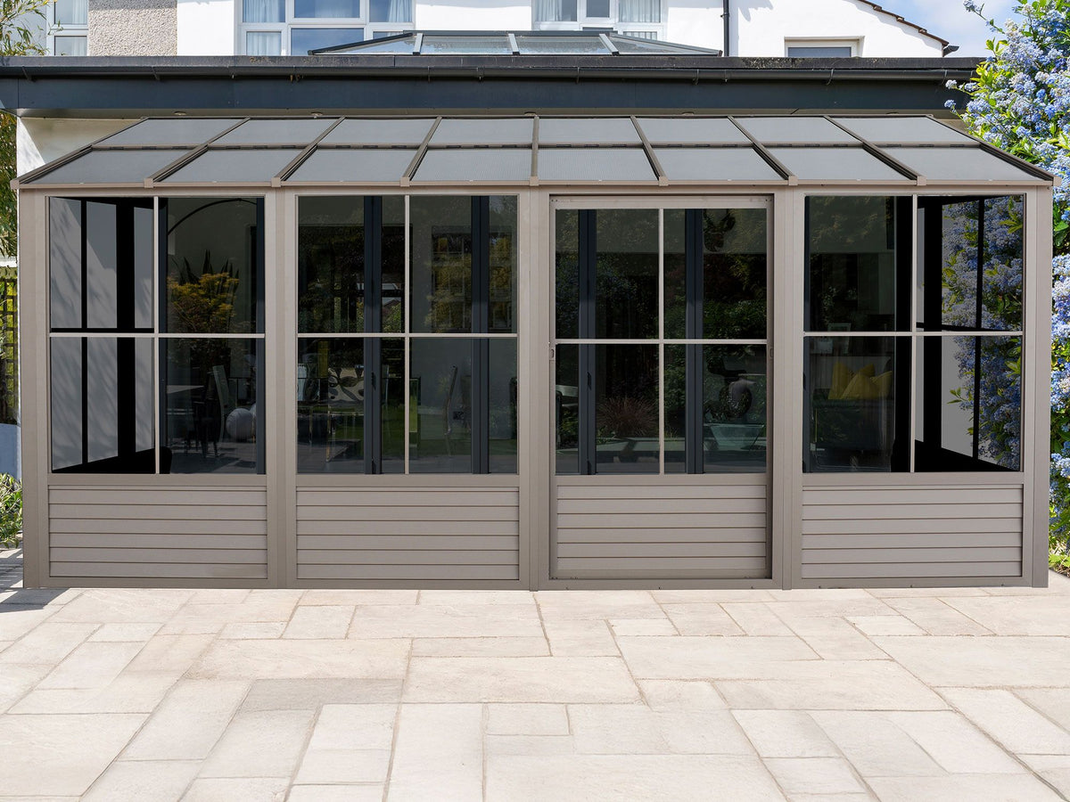 Florence 10x16 ft. Wall–Mounted Solarium, Polycarbonate–Roof, Sand
