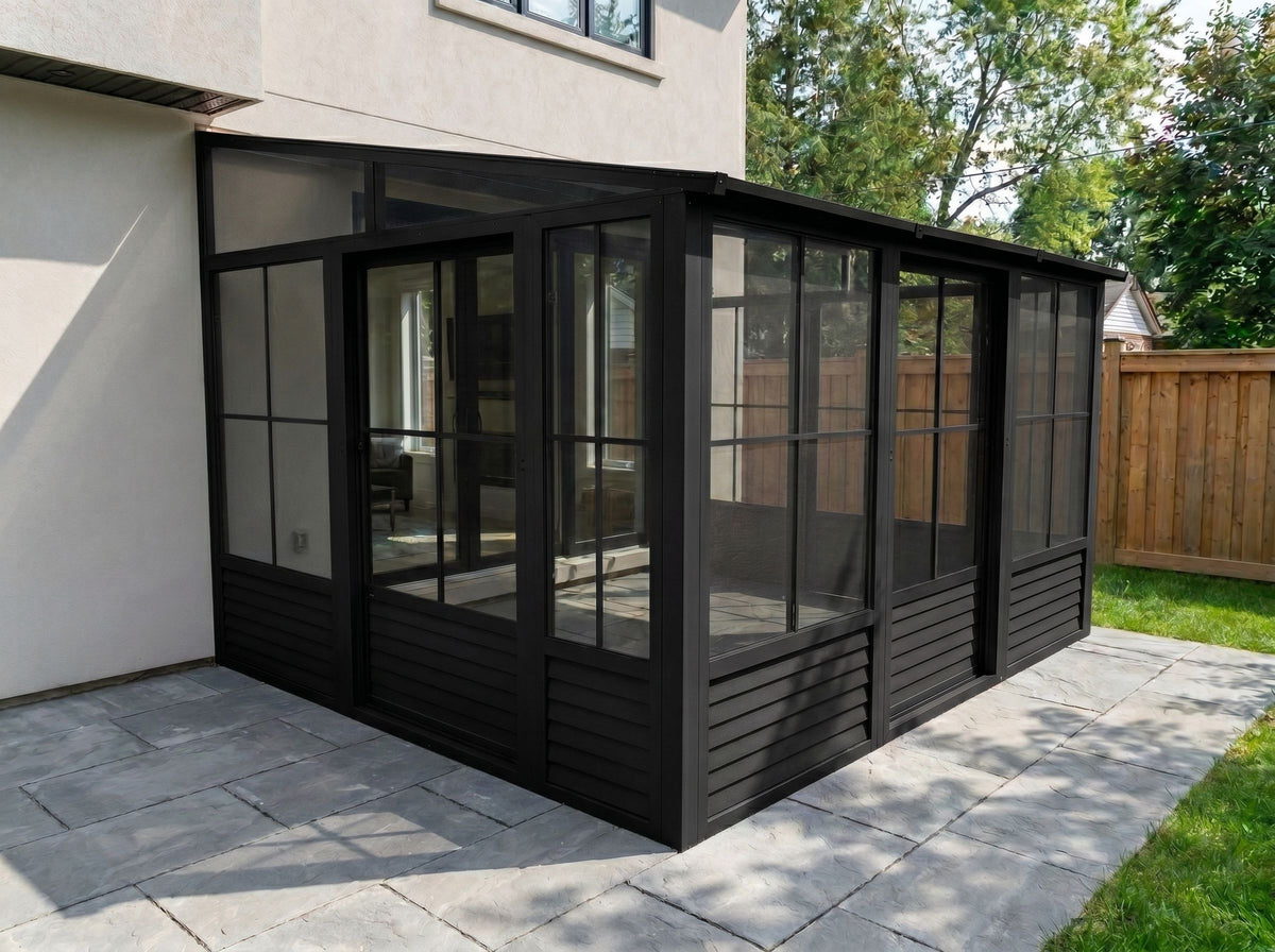 Florence 10x12 ft. Wall–Mounted Solarium, Metal Roof–Black