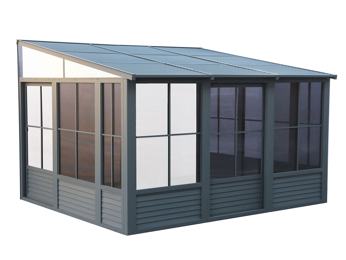 Florence 10x12 ft. Wall–Mounted Solarium, Metal Roof, Slate