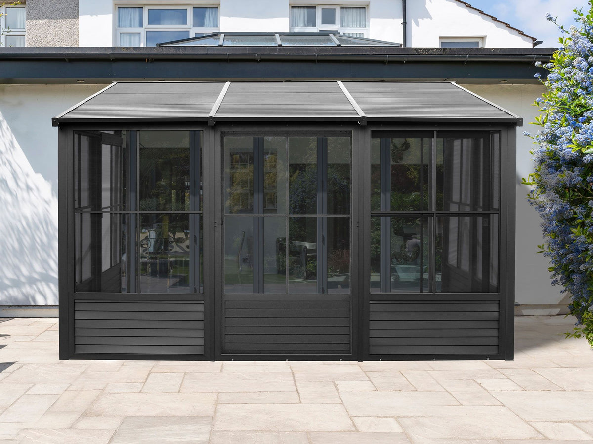 Florence 10x12 ft. Wall–Mounted Solarium, Metal Roof–Black