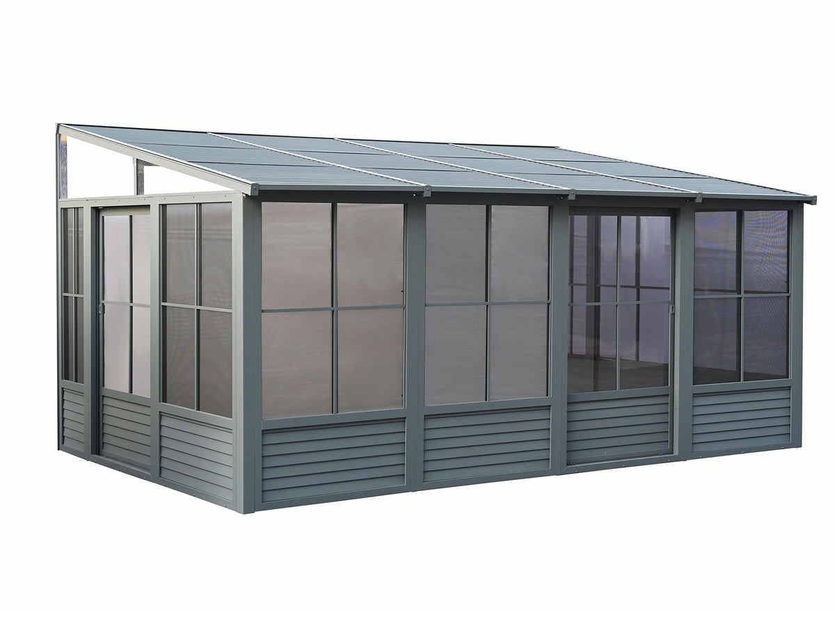 Florence 10x16 ft. Wall–Mounted Solarium, Metal Roof, Slate