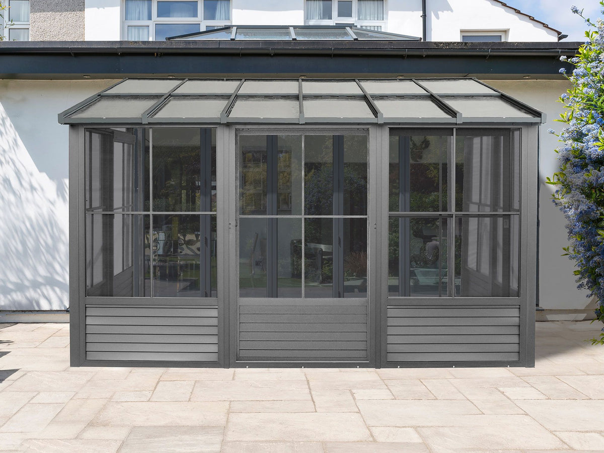 Florence 8x12 ft. Wall–Mounted Solarium, Polycarbonate Roof, Slate