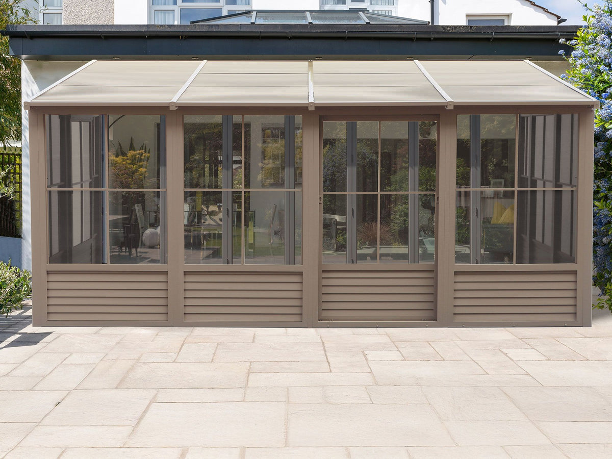 Florence 8x16 ft. Wall–Mounted Solarium, Metal Roof, Sand
