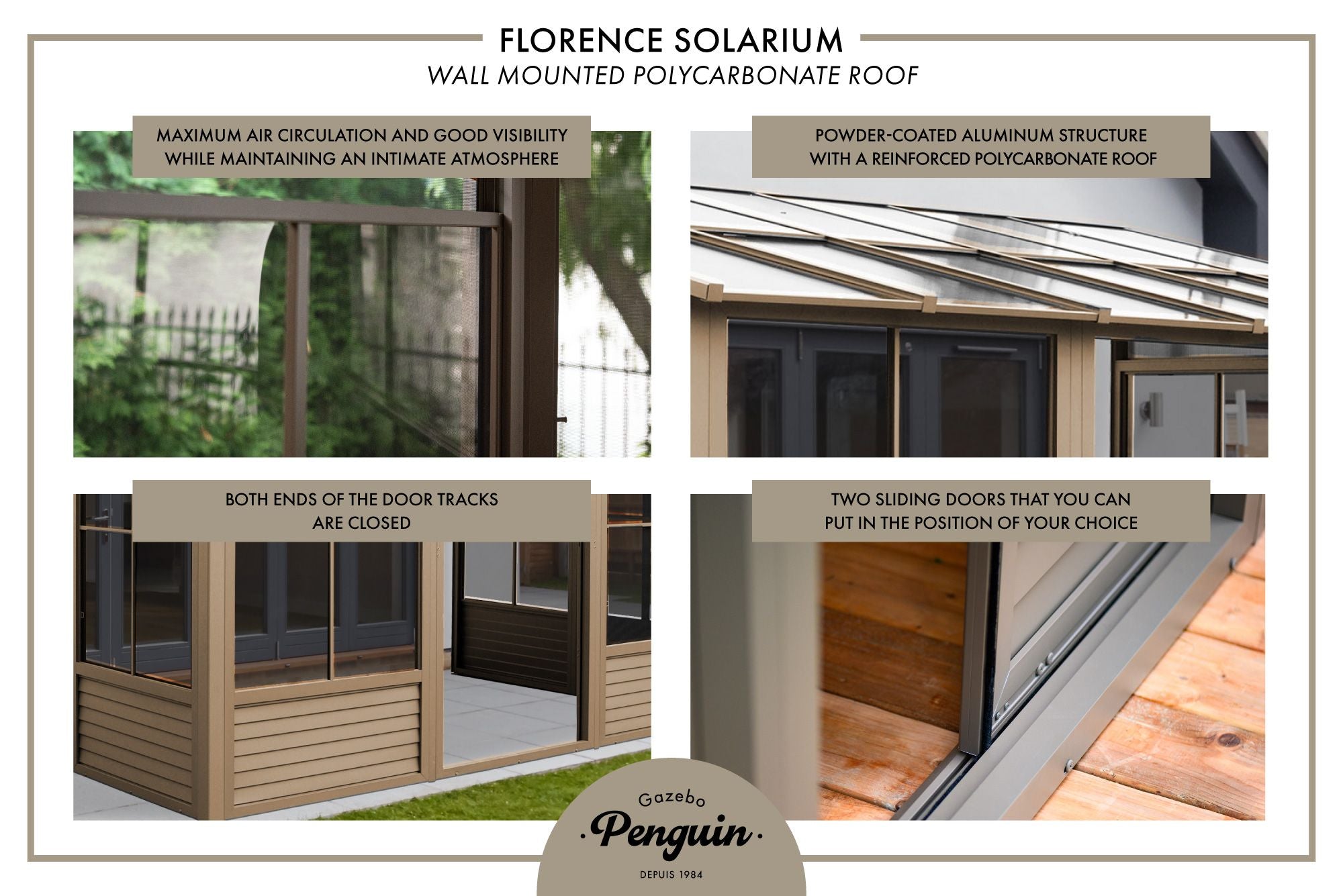 Florence 10x16 ft. Wall–Mounted Solarium, Polycarbonate Roof–Brown