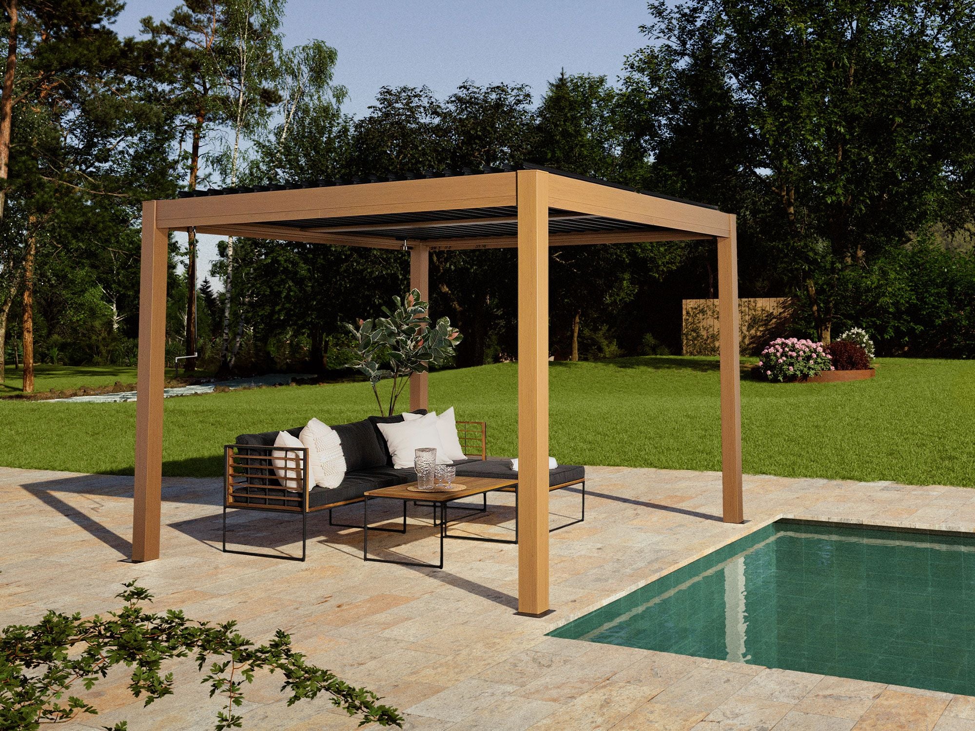 Vikos 10x10 ft. Free Standing Aluminum Pergola–Wood Finish