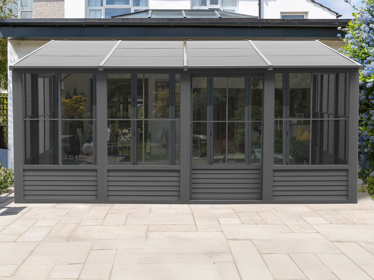 Florence 10x16 ft. Wall–Mounted Solarium, Metal Roof, Slate