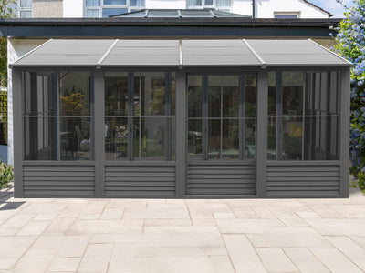 Florence 10x16 ft. Wall–Mounted Solarium, Metal Roof, Slate