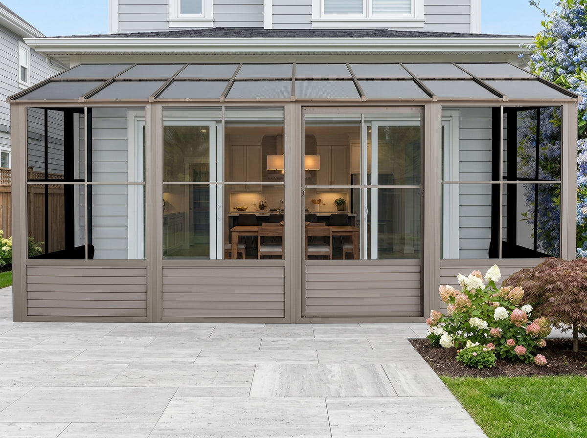 Florence 8x16 ft. Wall–Mounted Solarium, Polycarbonate Roof, Sand