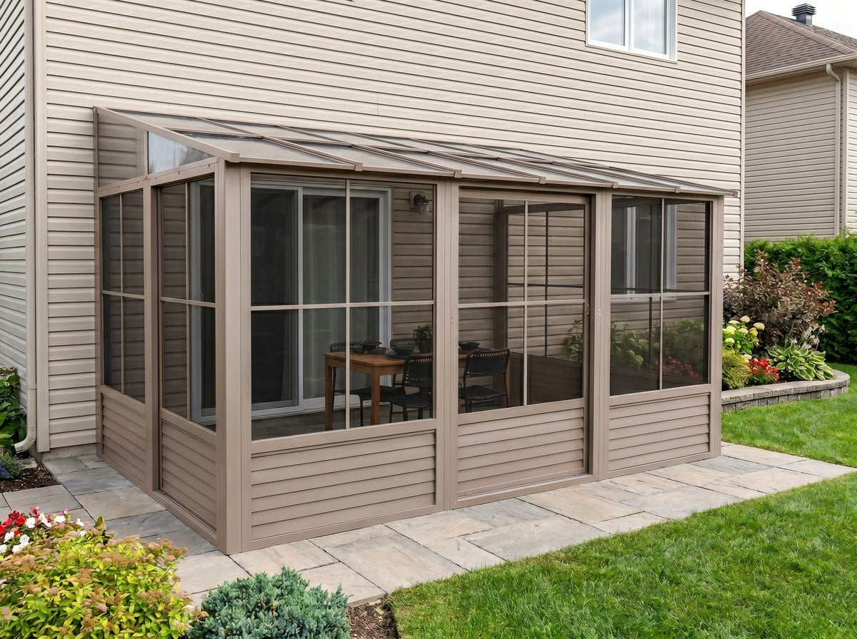 Florence 8x12 ft. Wall–Mounted Solarium, Polycarbonate Roof, Sand