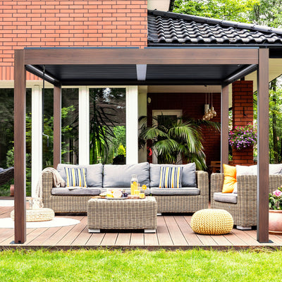 Kaslo 10 x10 Aluminum stand alone Pergola Wood finish  - With Alum Tracks