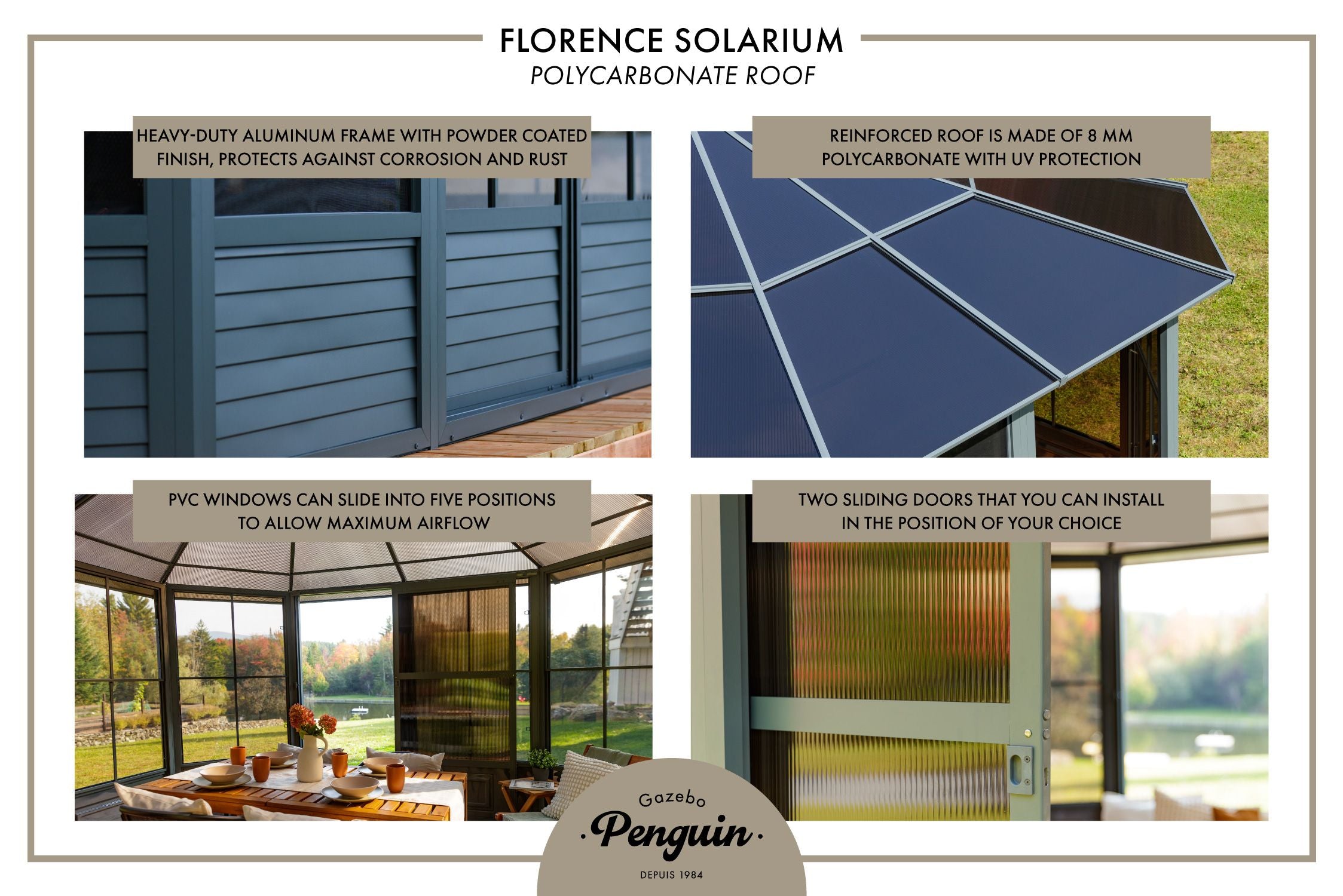 Florence 12x12 ft. Solarium–Polycarbonate Roof, Gray
