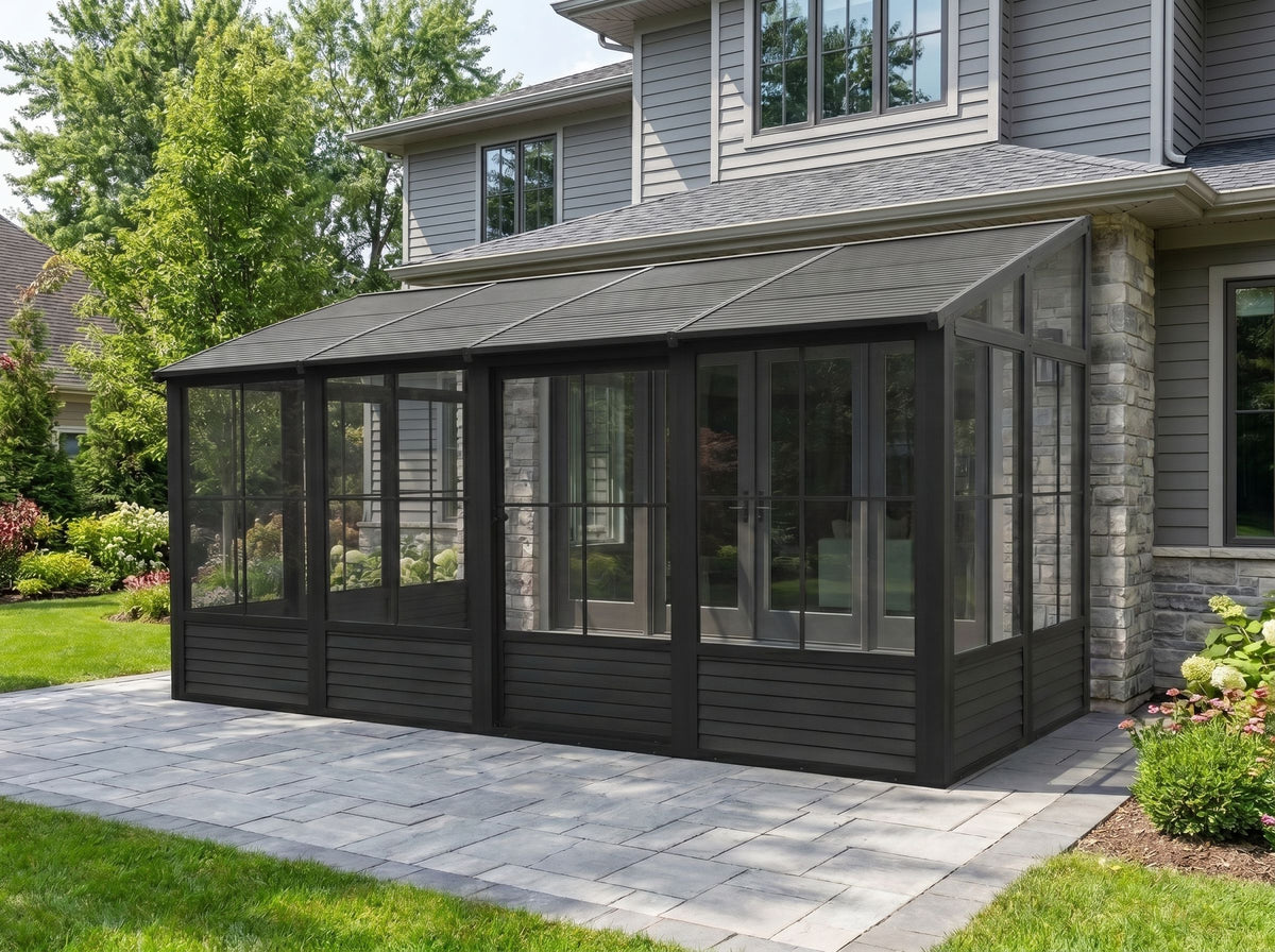 Florence 8x16 ft. Wall–Mounted Solarium, Metal Roof–Black