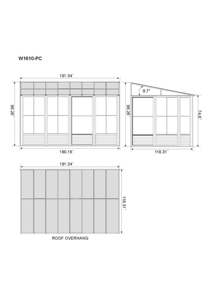Florence 10x16 Wall-Mounted Solarium, Polycarbonate Roof, Slate