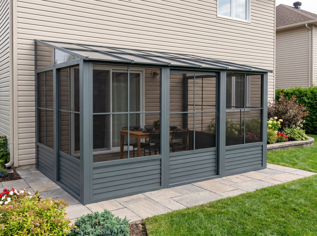 Florence 8x12 ft. Wall–Mounted Solarium, Polycarbonate Roof, Slate