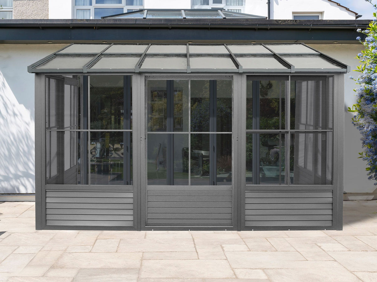 Florence 10x12 ft. Wall–Mounted Solarium, Polycarbonate Roof, Slate