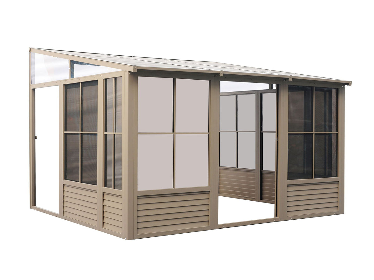 Florence 10x12 ft. Wall–Mounted Solarium, Metal Roof, Sand