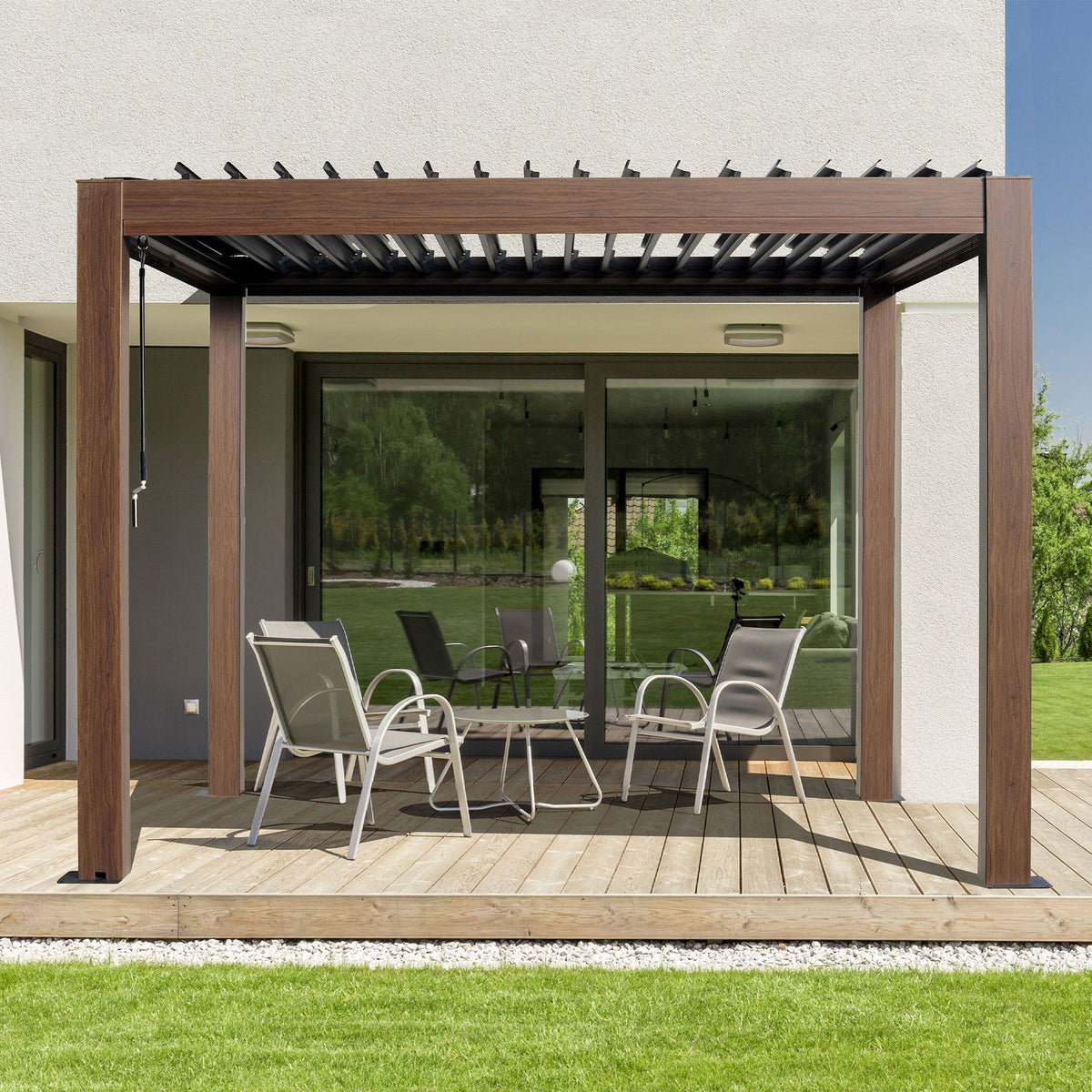 Kaslo 08 x08 Pergola autoportante en aluminium finition bois - Avec rails en aluminium