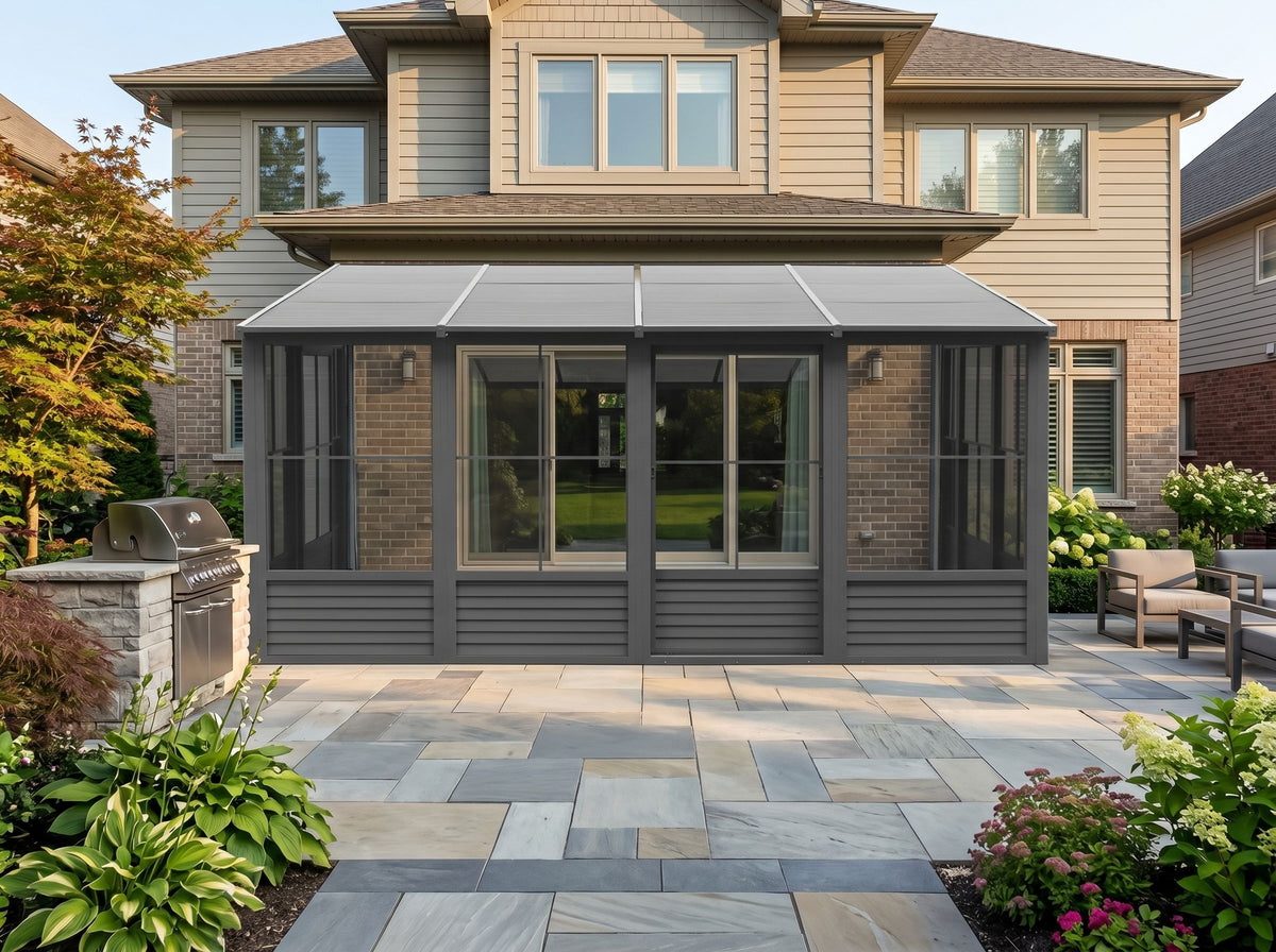 Florence 10x16 ft. Wall–Mounted Solarium, Metal Roof, Slate