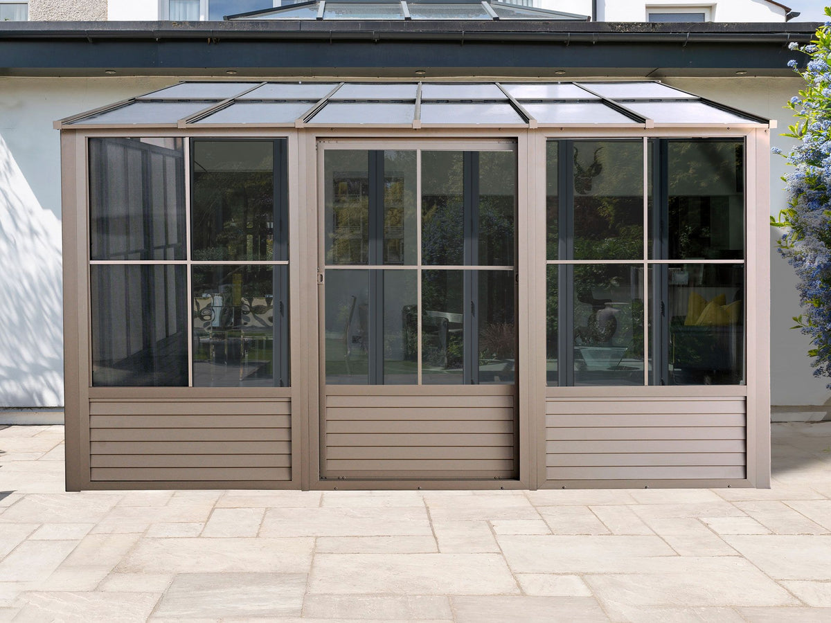 Florence 8x12 ft. Wall–Mounted Solarium, Polycarbonate Roof, Sand