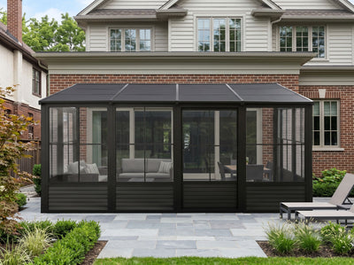 Florence 10x16 ft. Wall–Mounted Solarium, Metal Roof–Black