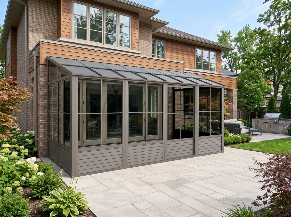 Florence 10x16 ft. Wall–Mounted Solarium, Polycarbonate–Roof, Sand