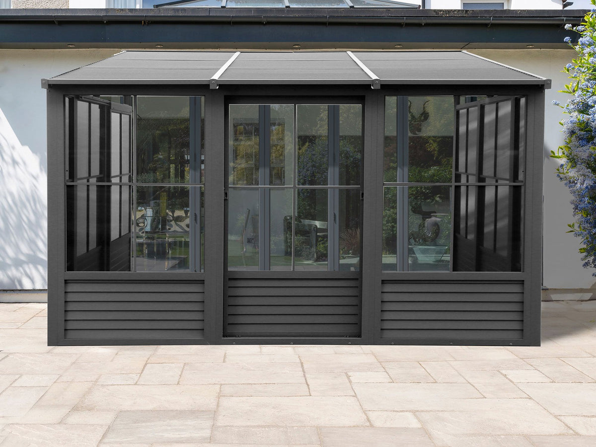 Florence 10x12 ft. Wall–Mounted Solarium, Metal Roof, Slate