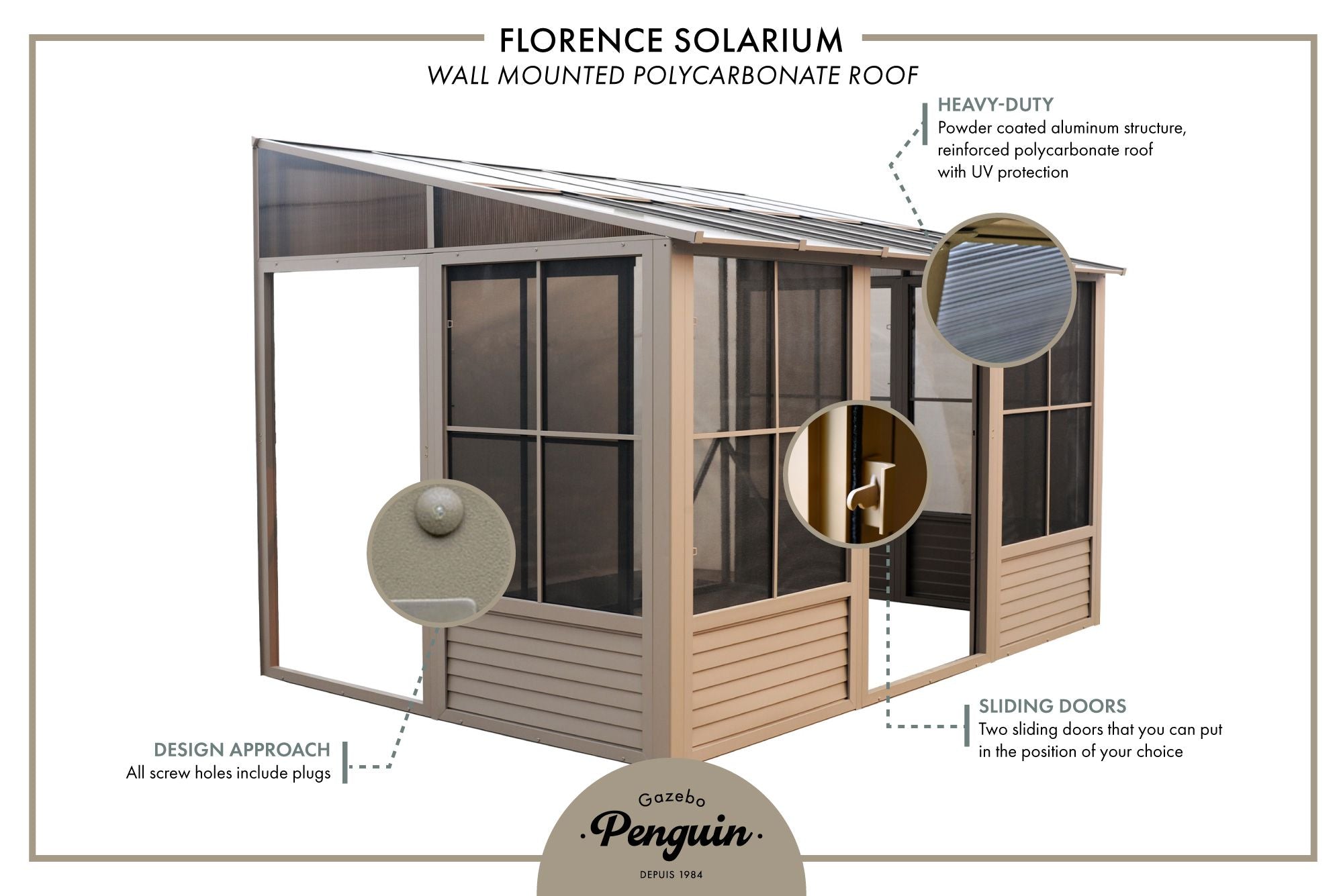 Florence 10x16 ft. Wall–Mounted Solarium, Polycarbonate Roof–Brown