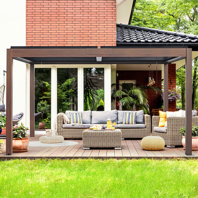 Kaslo 10 x13 Aluminum stand alone Pergola Wood finish - With Alum Tracks