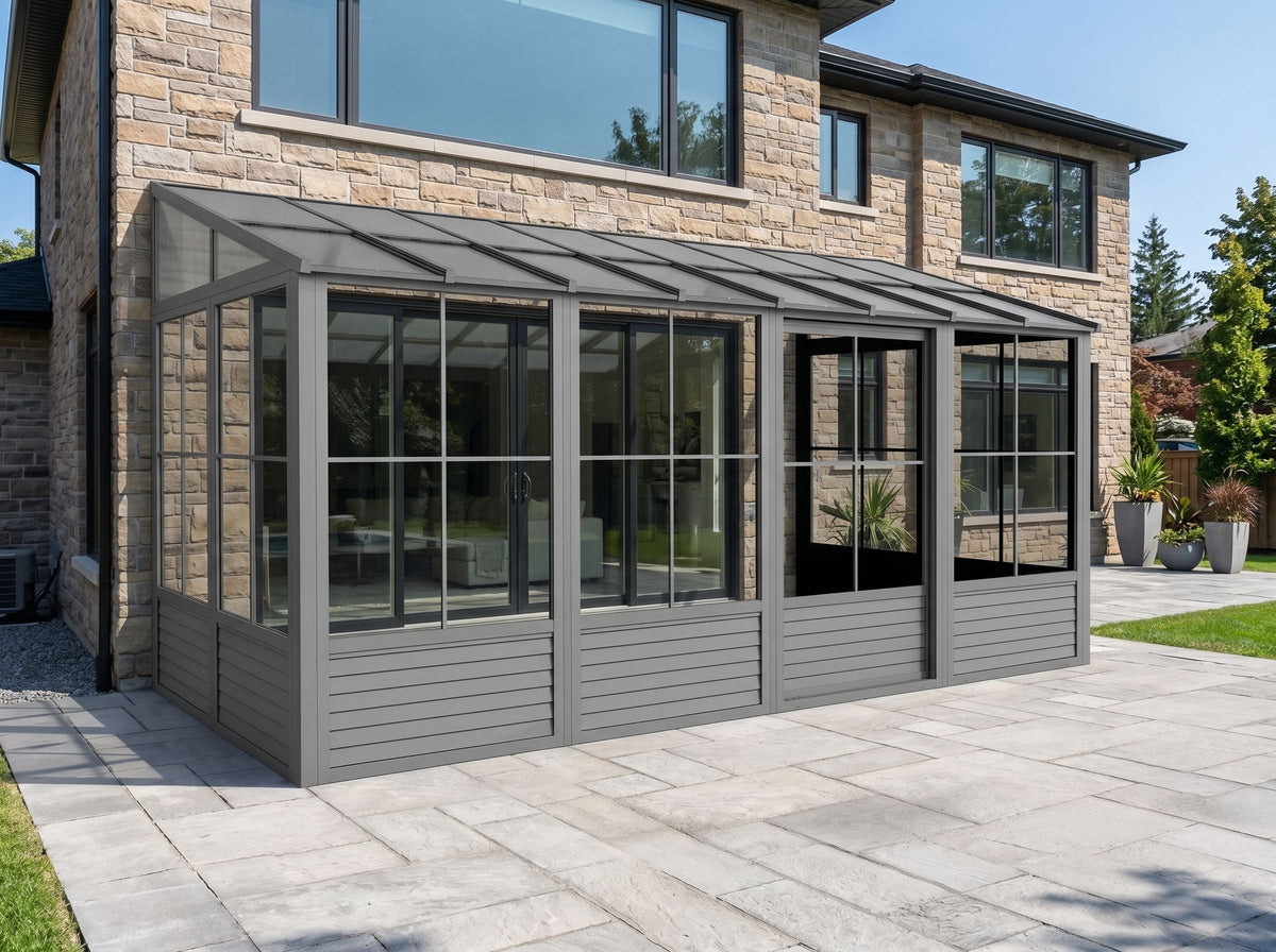 Florence 10x16 Wall-Mounted Solarium, Polycarbonate Roof, Slate