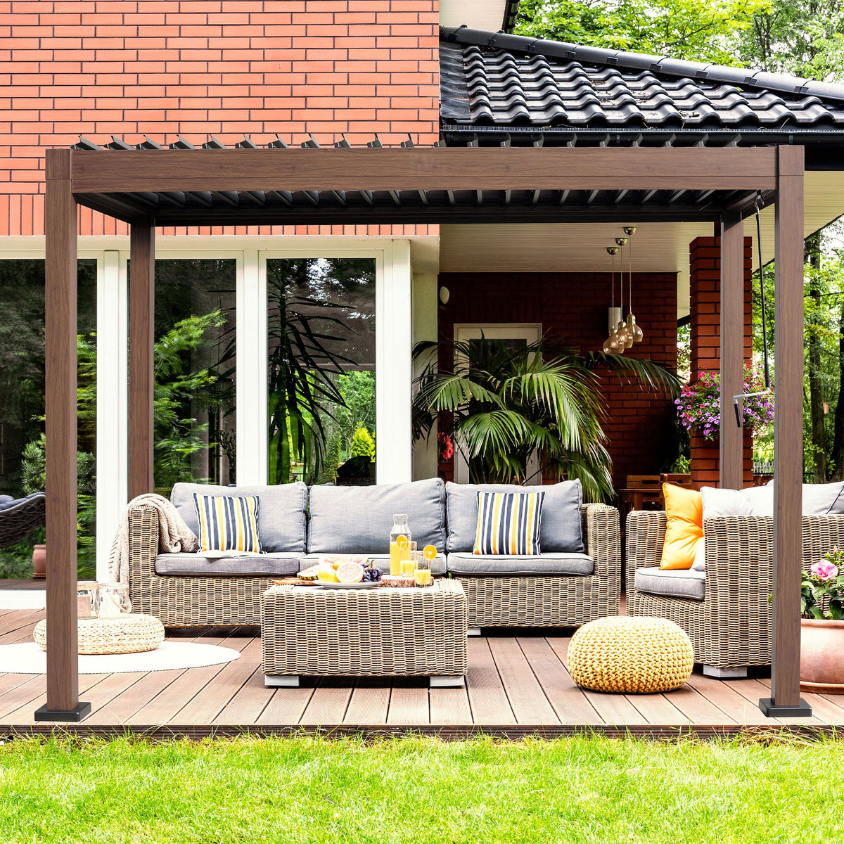 Pergola autoportante en aluminium Kaslo 05 x10 finition bois - Avec rails en aluminium