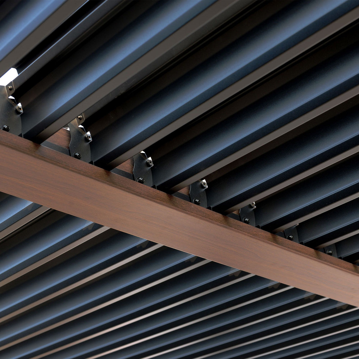 Kaslo 10 x13 Aluminum stand alone Pergola Wood finish - With Alum Tracks