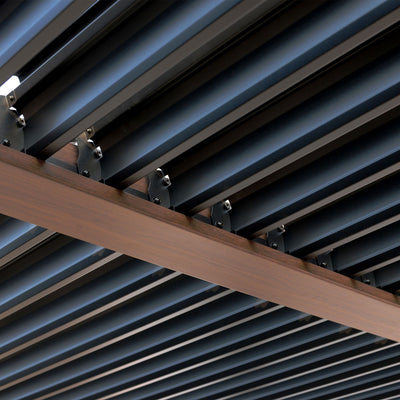 Kaslo 10 x13 Aluminum stand alone Pergola Wood finish - With Alum Tracks