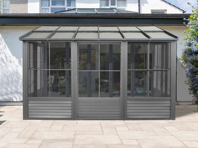 Florence 8x12 ft. Wall–Mounted Solarium, Polycarbonate Roof, Slate