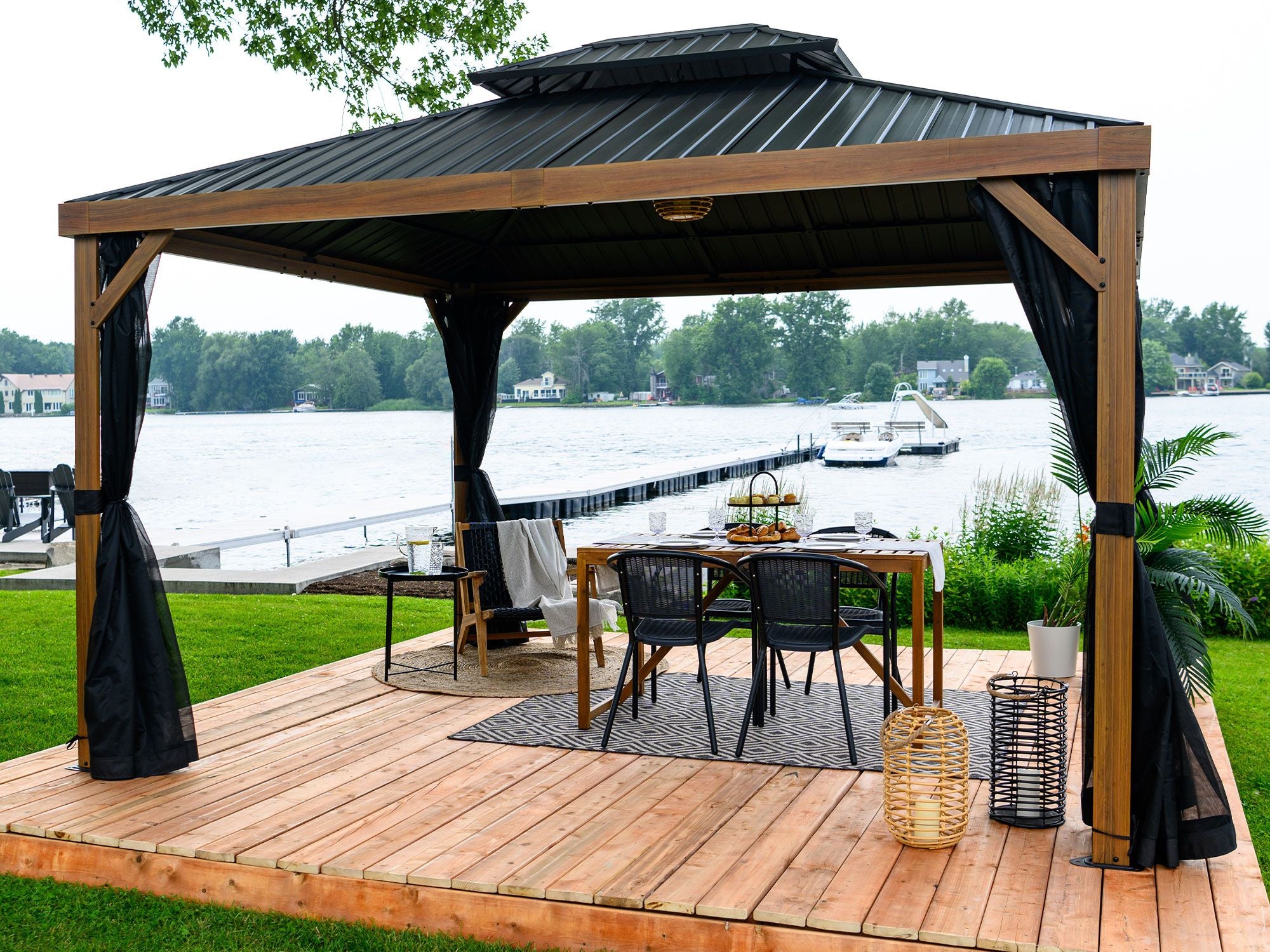 Yosemite 10x10 ft. Gazebo– Galvanized Double Roof, Aluminum Posts, Wood Finish